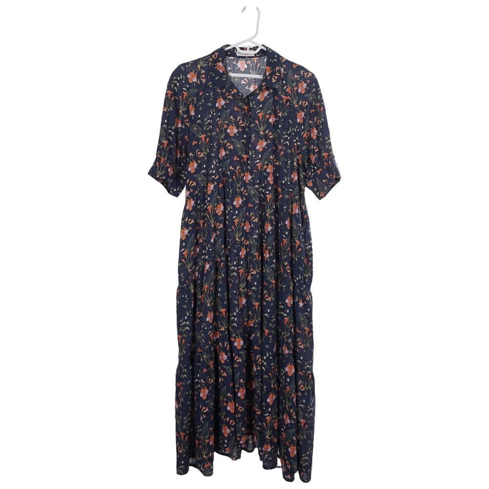 Natural Life Rebecca Dress XL Blue Floral Print Cotton Blend Tiered Midi